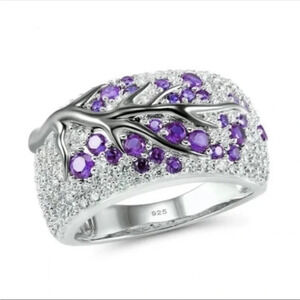 Diamond Silver Tree Branch Ring Purple Stones Nature Statement NWT